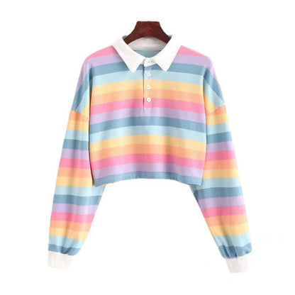 Damen Cropped Poloshirt Bunt Streifen Weite Passform