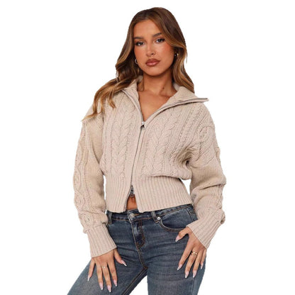 Damen Strickcardigan Kurz Zopfmuster Reißverschluss Eveloria