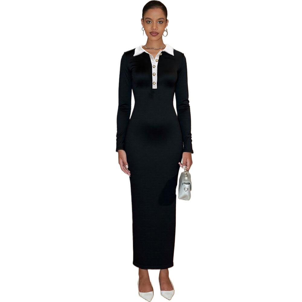 Damen Maxikleid Klassischer Kragen Knöpfe
