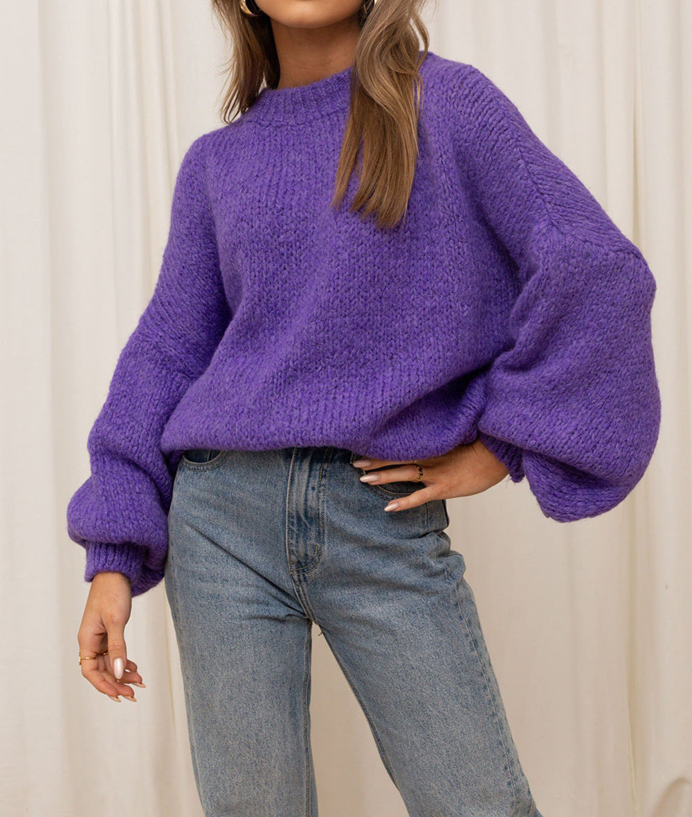 Damen Grobstrickpullover Übergroße Puffärmel Hochgeschlossener Kragen