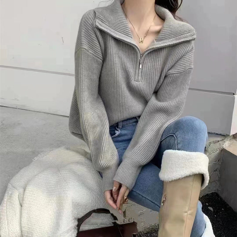 Damen Strickpullover Halb-Reißverschluss Hochkragen Eveloria