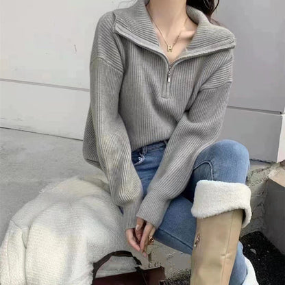 Damen Strickpullover Halb-Reißverschluss Hochkragen Eveloria