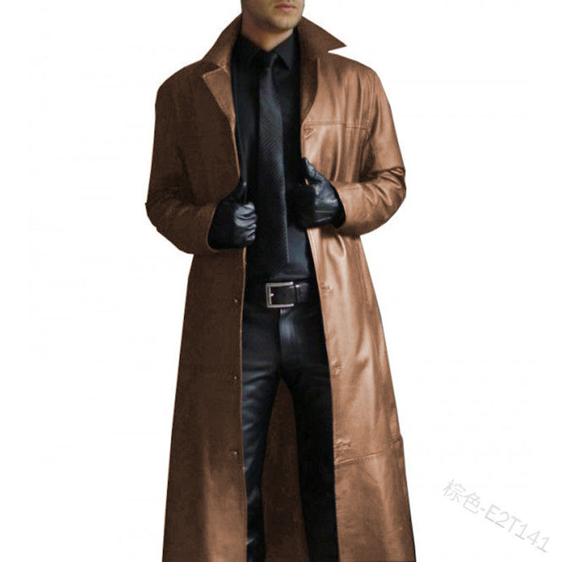 Herren Trenchcoat Lang Veganleder Schwarz - Eveloria
