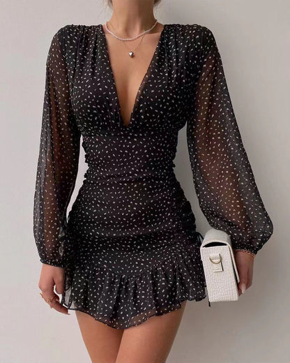 Damen Minikleid V-Ausschnitt Puffärmel Rüschen Elegant