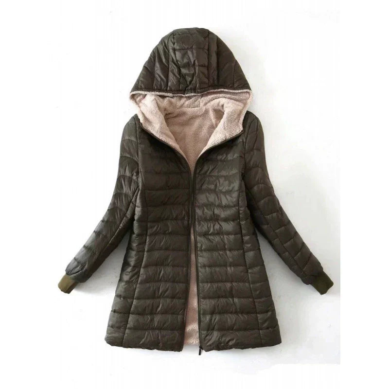 Damen Pufferjacke Mittellang Wattiert Mit Kapuze Plüschfutter