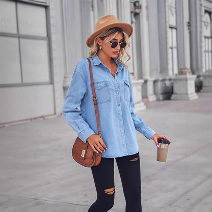 Damen Denim Hemdbluse mit Brusttaschen Blau