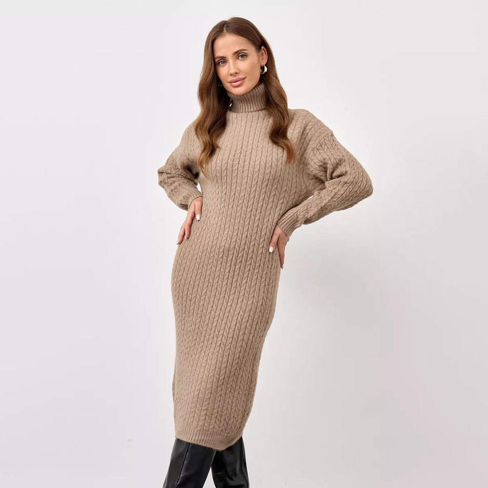 Damen Rollkragenpullover Grobstrick Zopfmuster Lässig Beige - Eveloria