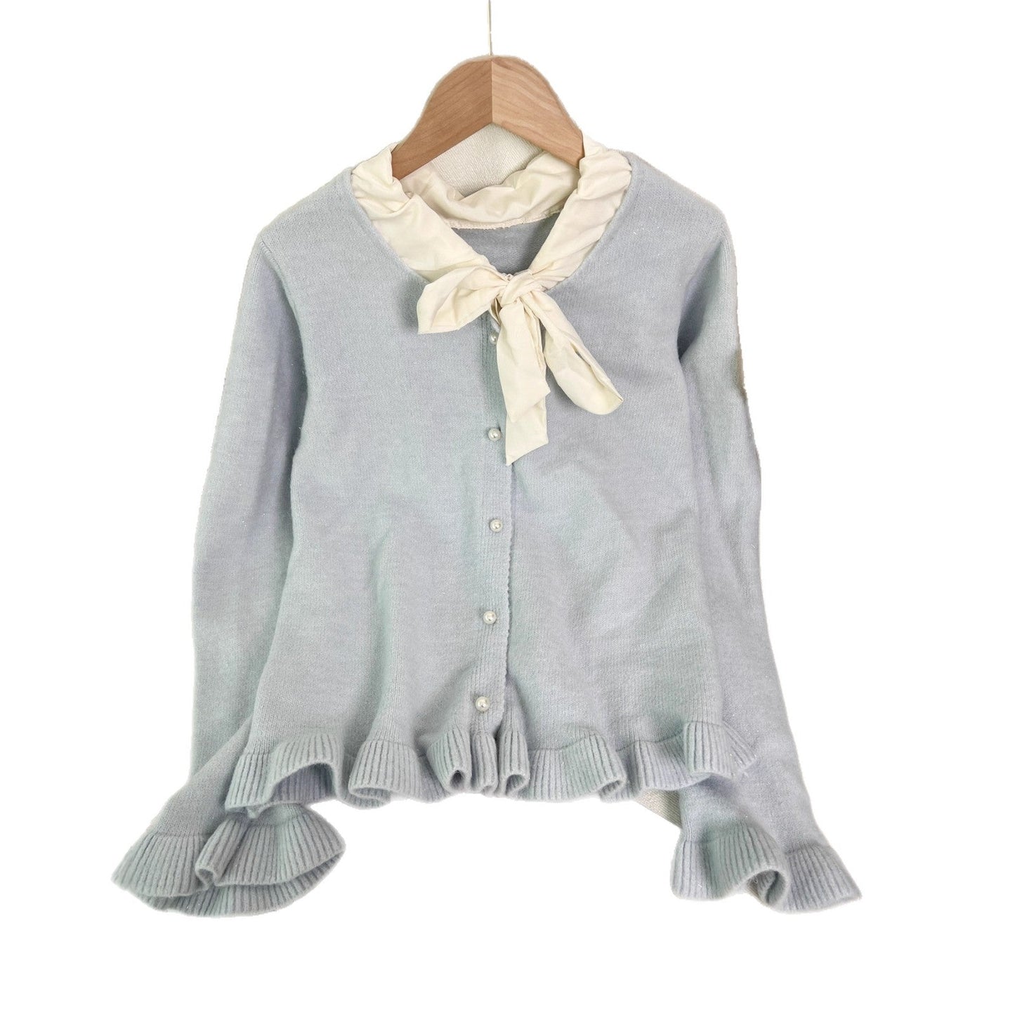 Damen Strickjacke Rüschen Schleifenkragen Elegante Eveloria