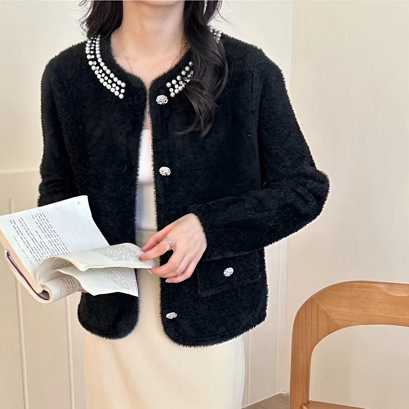 Damen Strickjacke Flauschig mit Perlen
