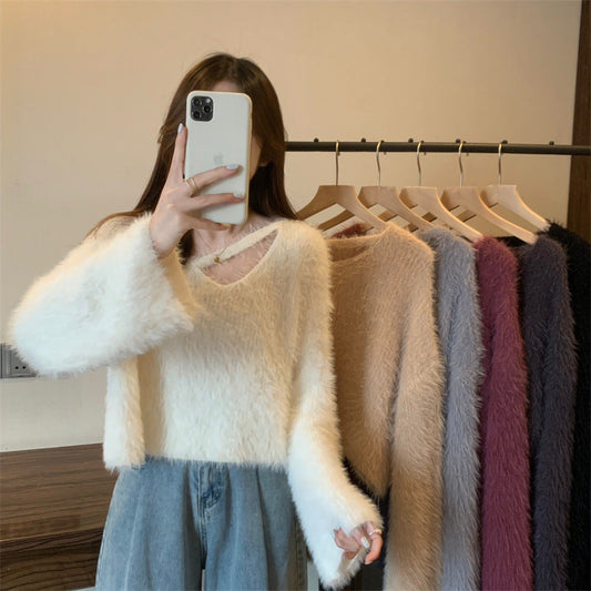 Damen Pullover Flauschig Lässiger Schnitt V-Ausschnitt Beige - Eveloria