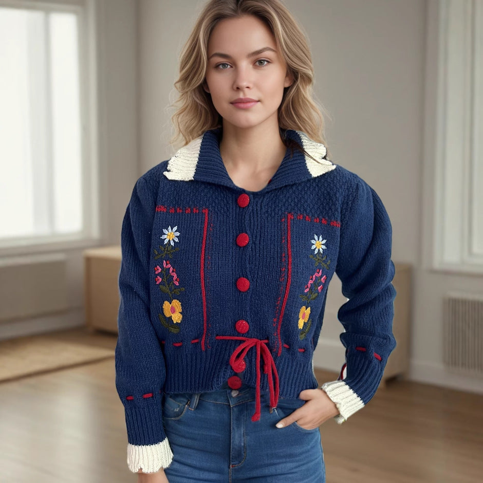 Damen Strickjacke Blumenstickerei Kordelzug - Eveloria