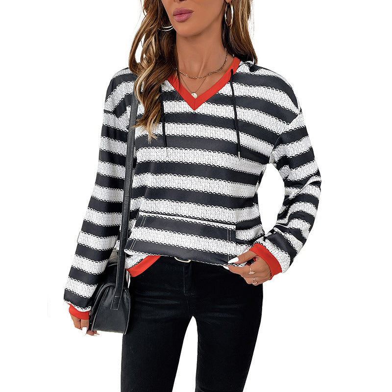 Damen Pullover Baumwolle Gestreift V-Ausschnitt Blau