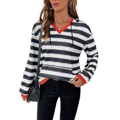 Damen Pullover Baumwolle Gestreift V-Ausschnitt Blau