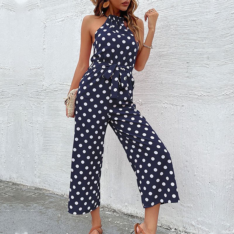 Damen Jumpsuit Moderner Punkte Look Verspielter Gürtel