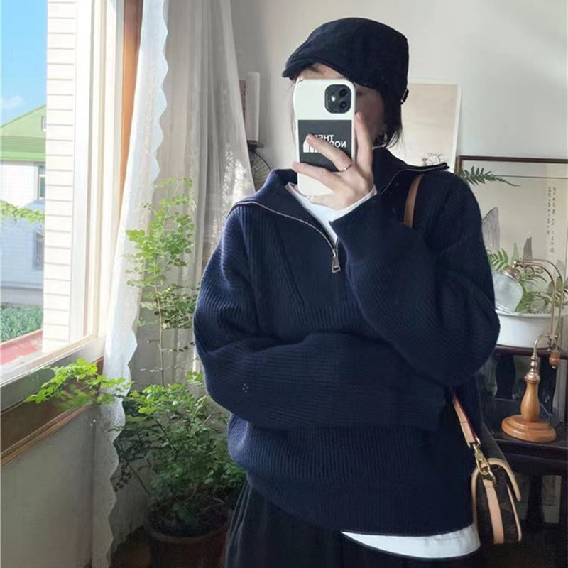 Damen Pullover Hochkragen Reißverschluss Eveloria