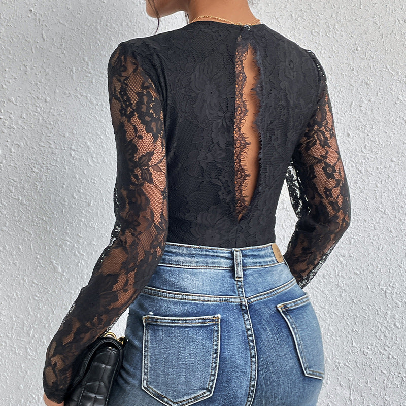 Damen Spitzenbody V-Ausschnitt transparente Ärmel Eveloria