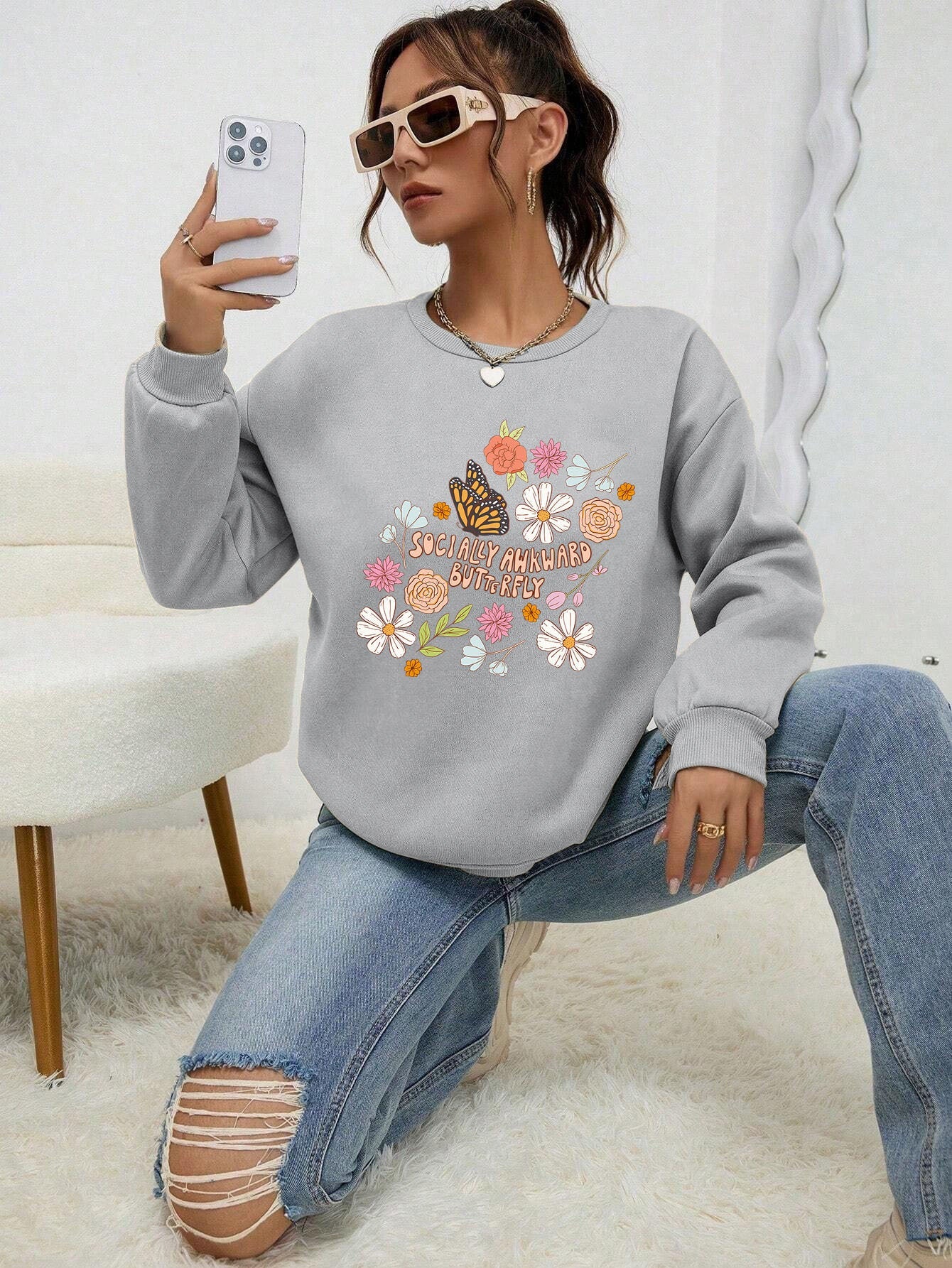 Damen Sweatshirt Floralmuster Weich Pastell