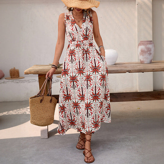 Damen Maxikleid Tropisches Musterdruck Taillierbarer Gürtel - Eveloria