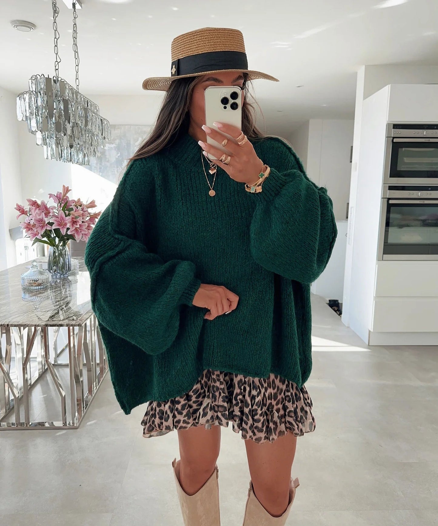 Damen Oversized Strickpullover Hoher Kragen Ballonärmel Eveloria