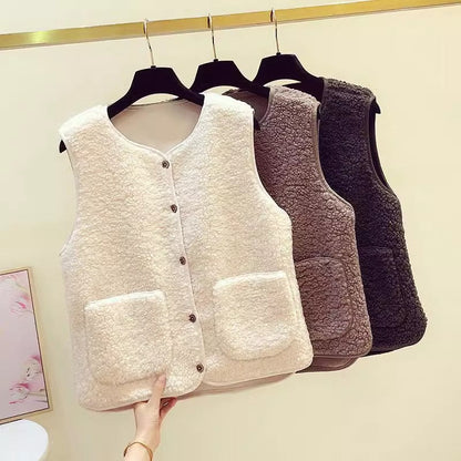 Damen Teddy-Fleeceweste mit Taschen und Knopfverschluss