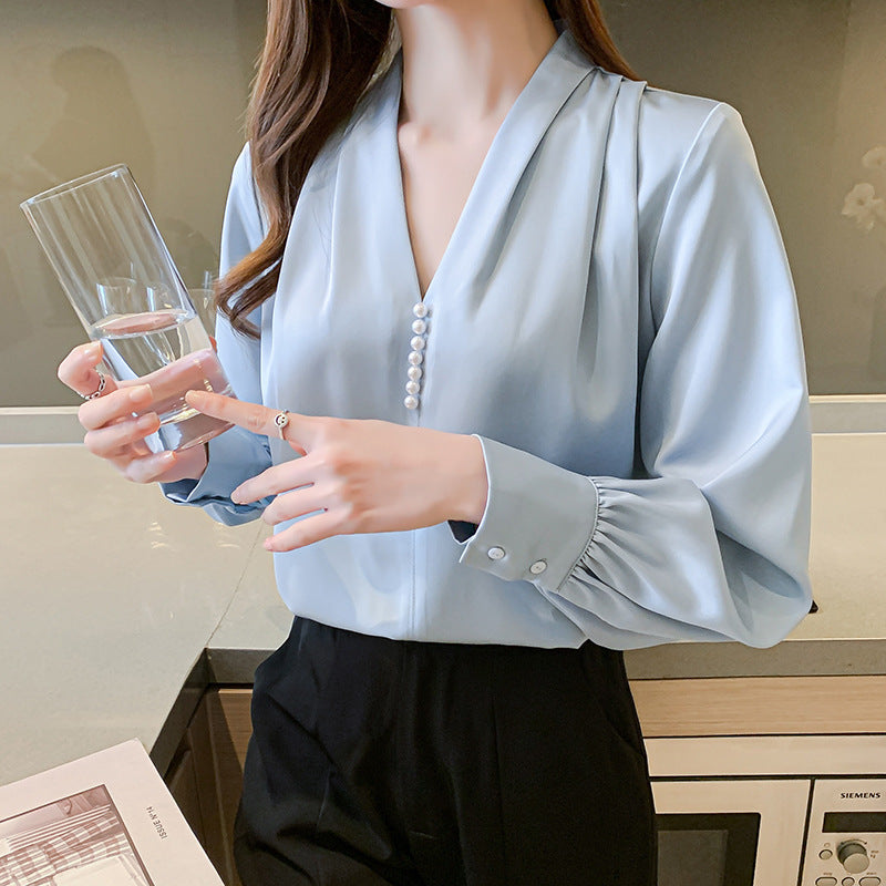 Damen Bluse Rüschenärmel Perlknöpfe Eveloria