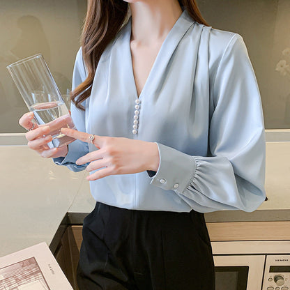 Damen Bluse Rüschenärmel Perlknöpfe Eveloria