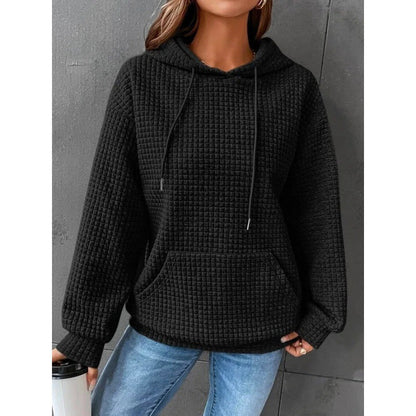 Damen Waffelpullover mit Kapuze und Kängurutasche Grau