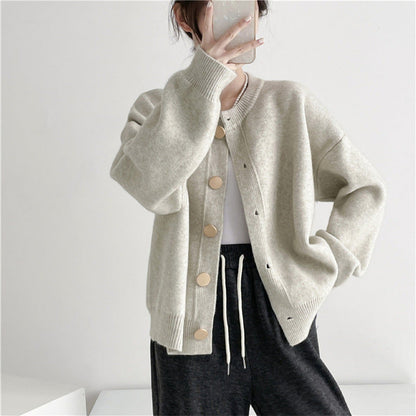Damen Strickjacke Großknöpfe Lässiger Schnitt Beige Eveloria