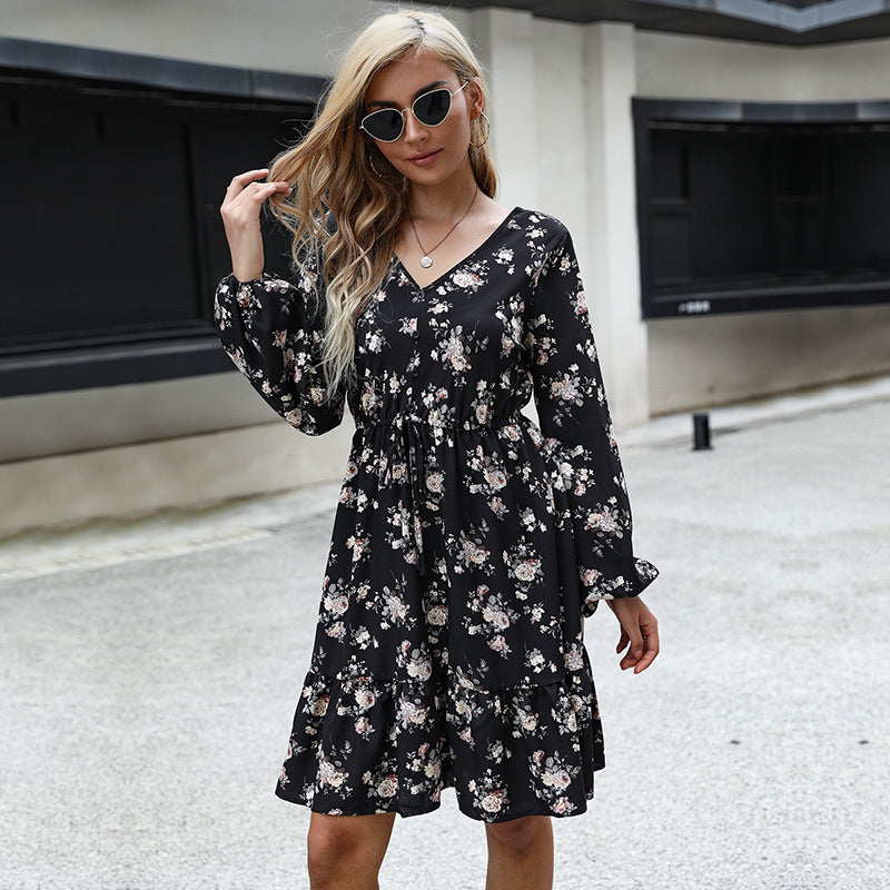 Damen Blumenkleid Voluminöse Ärmel Taillenzug Eveloria