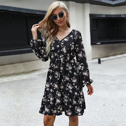 Damen Blumenkleid Voluminöse Ärmel Taillenzug Eveloria
