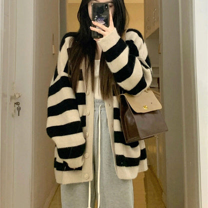 Damen Cardigan Grobstrick Streifenmuster Beige