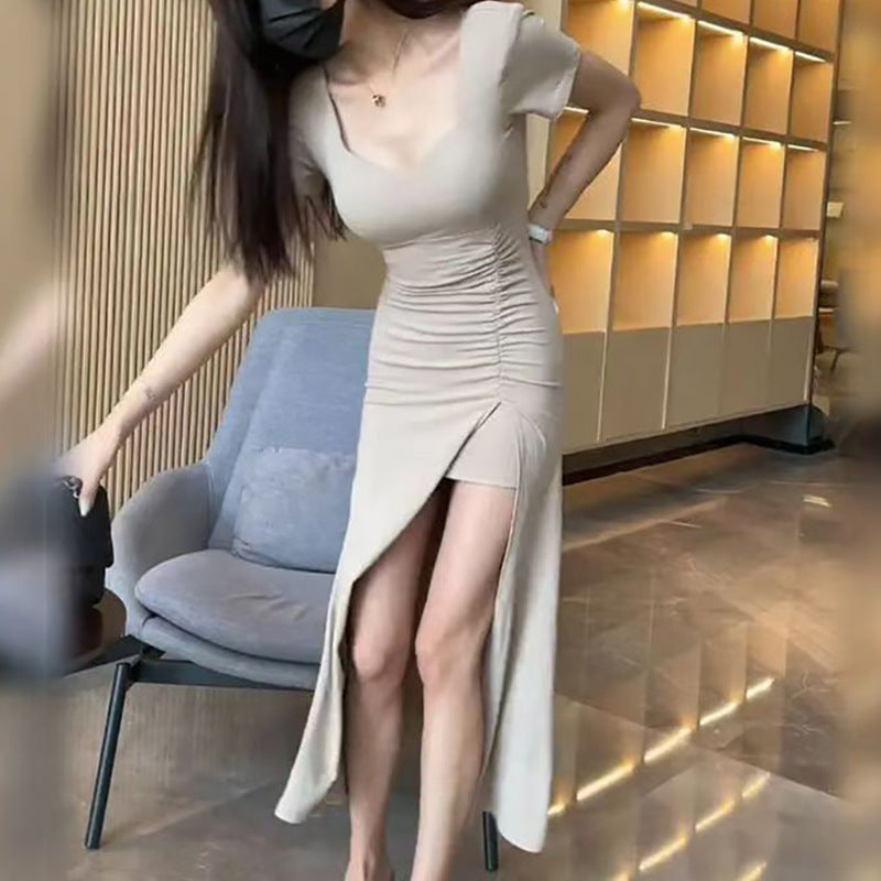 Damen Kleid Figurbetont Lange Version Raffungseffekt Hochschlitz