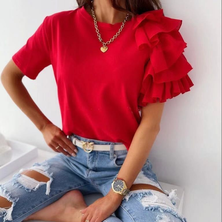 Damen T-Shirt Rüschendetails Trend Elegant Weiß