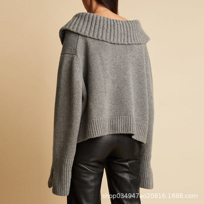 Damen Strickpullover V-Ausschnitt Übergroßer Kragen Anthrazit