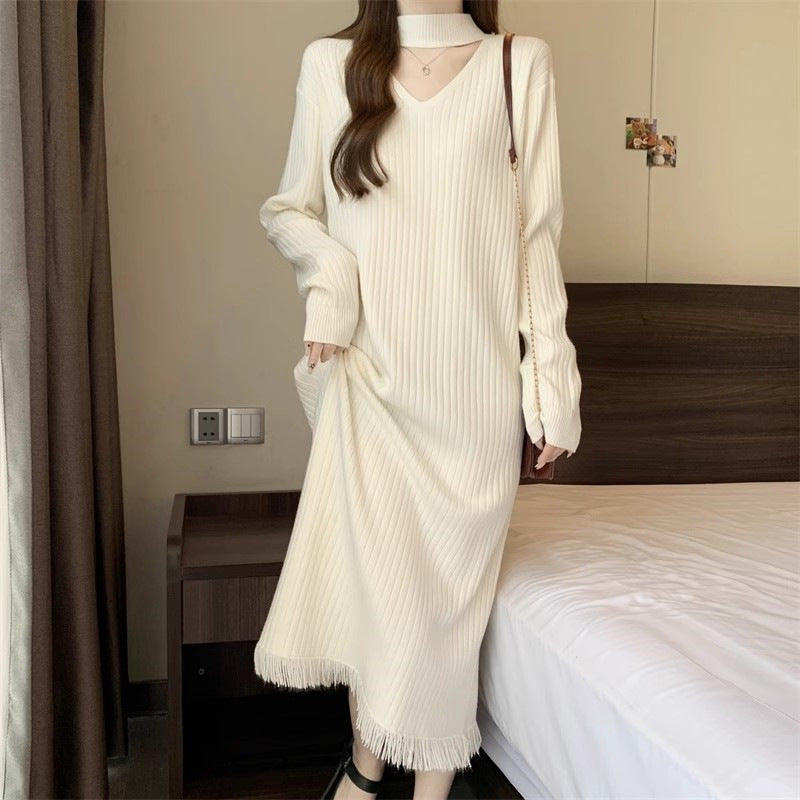 Damen Strickkleid V-Ausschnitt Fransen