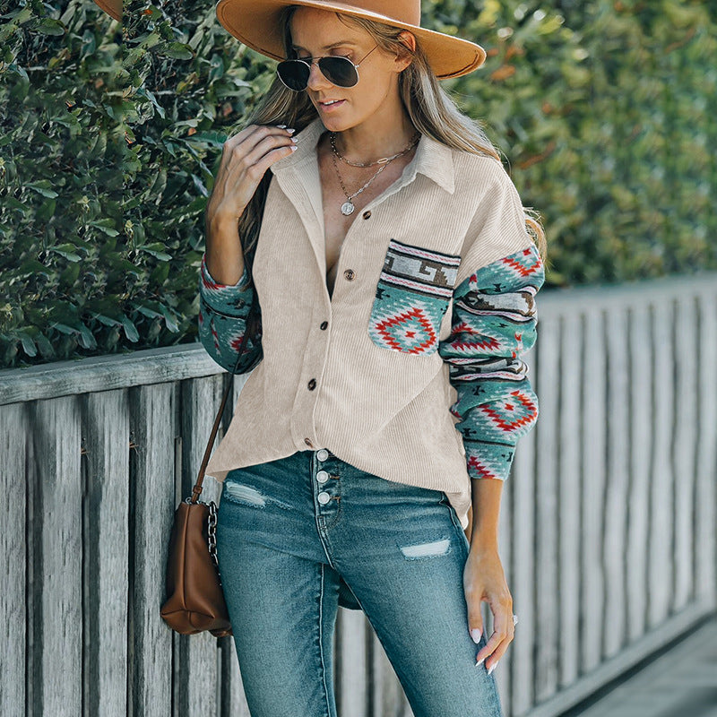 Damen Baumwollhemdjacke mit farbenfrohen Ärmeln und Taschen