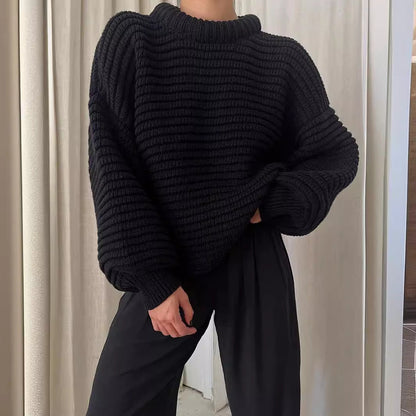 Damen Strickpullover Hohler Kragen Breite Rippbündchen Beige