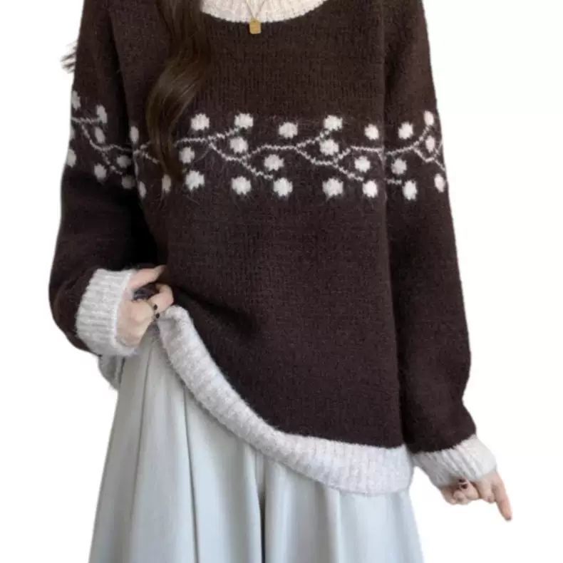 Damen Strickpullover Weich Floralmuster Kontrastspitzen
