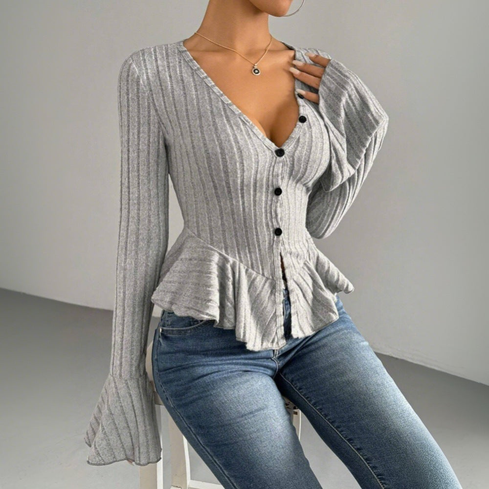 Damen Strickjacke Tailliert Rüschen Eveloria