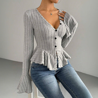 Damen Strickjacke Tailliert Rüschen Eveloria