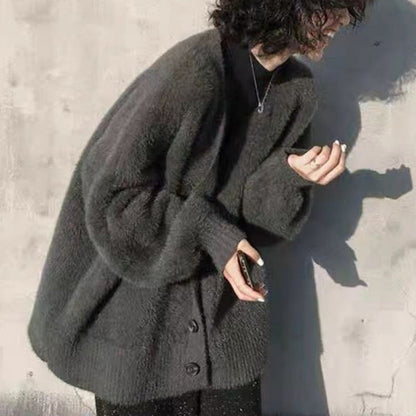 Damen Strickjacke Flauschig Große Knöpfe Weit Eveloria