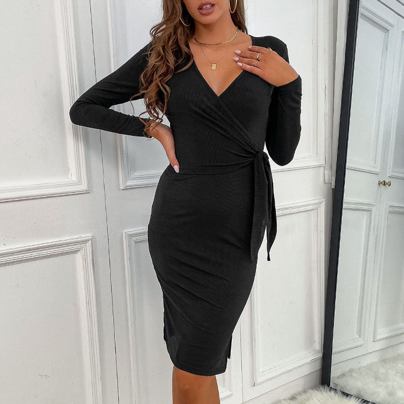 Damen Wickelkleid Taillenknoten Rüschenabschlüsse Elegantes Design