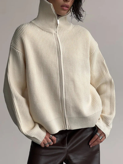 Damen Grobstrickpullover Hochkragen Reißverschluss Beige