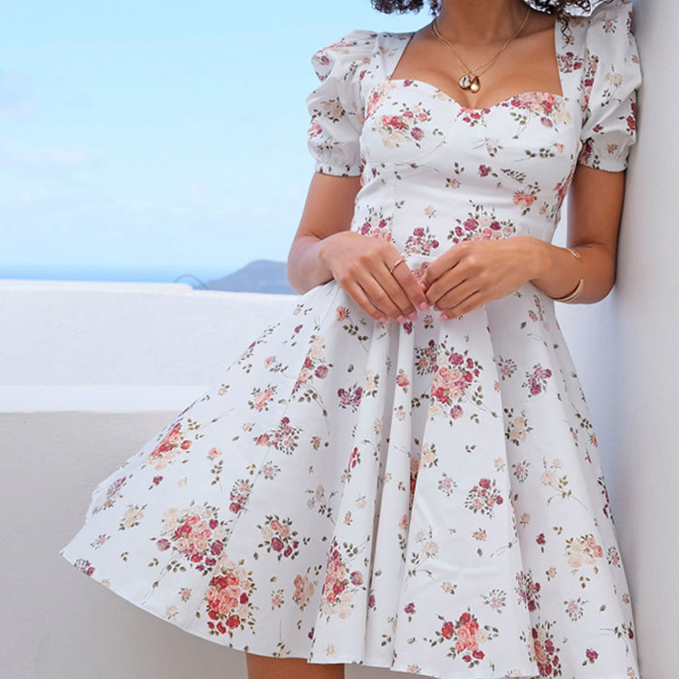 Damen Kleid Puffärmel Floralmuster Eveloria