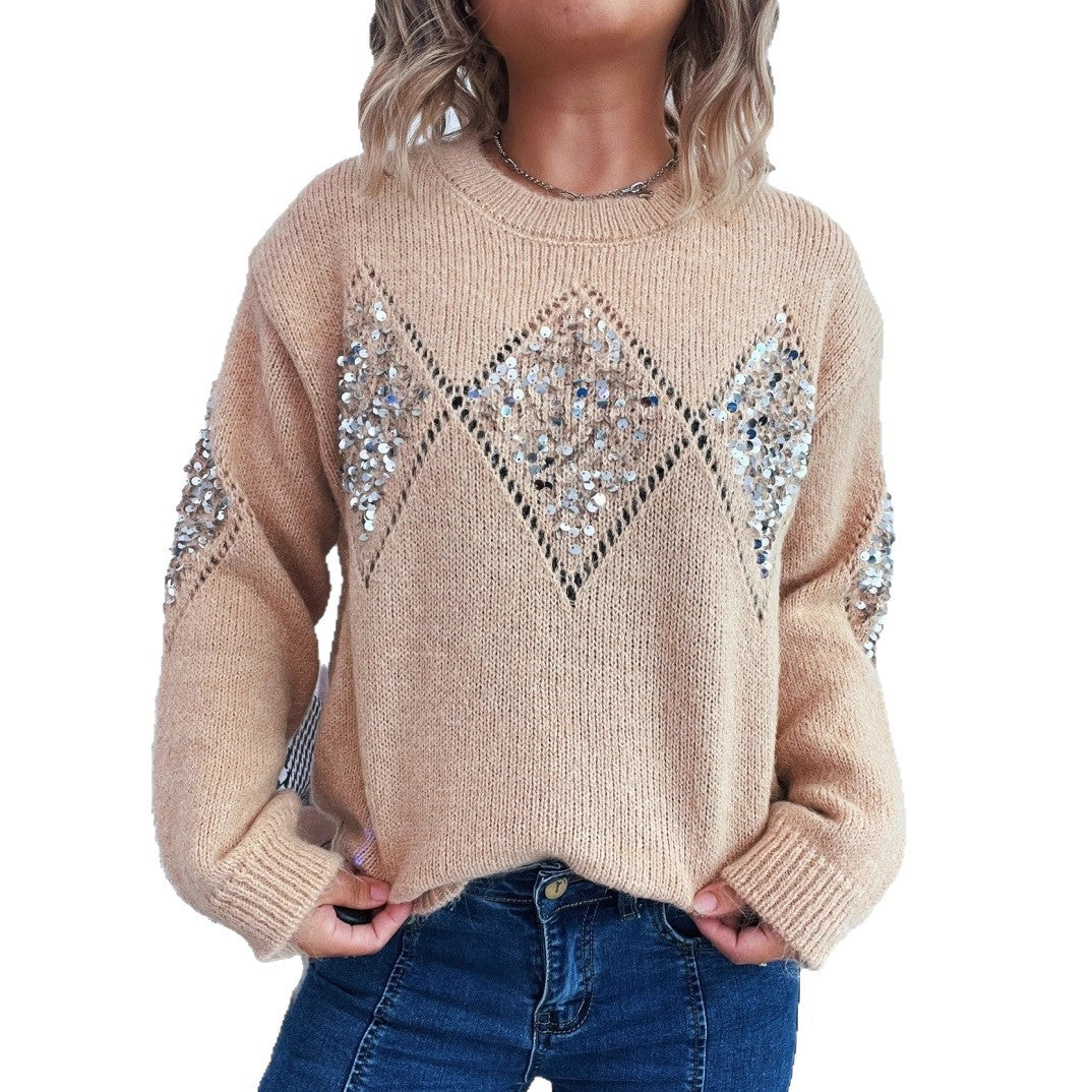 Damen Strickpullover Glitzerpailletten Elegant Eveloria