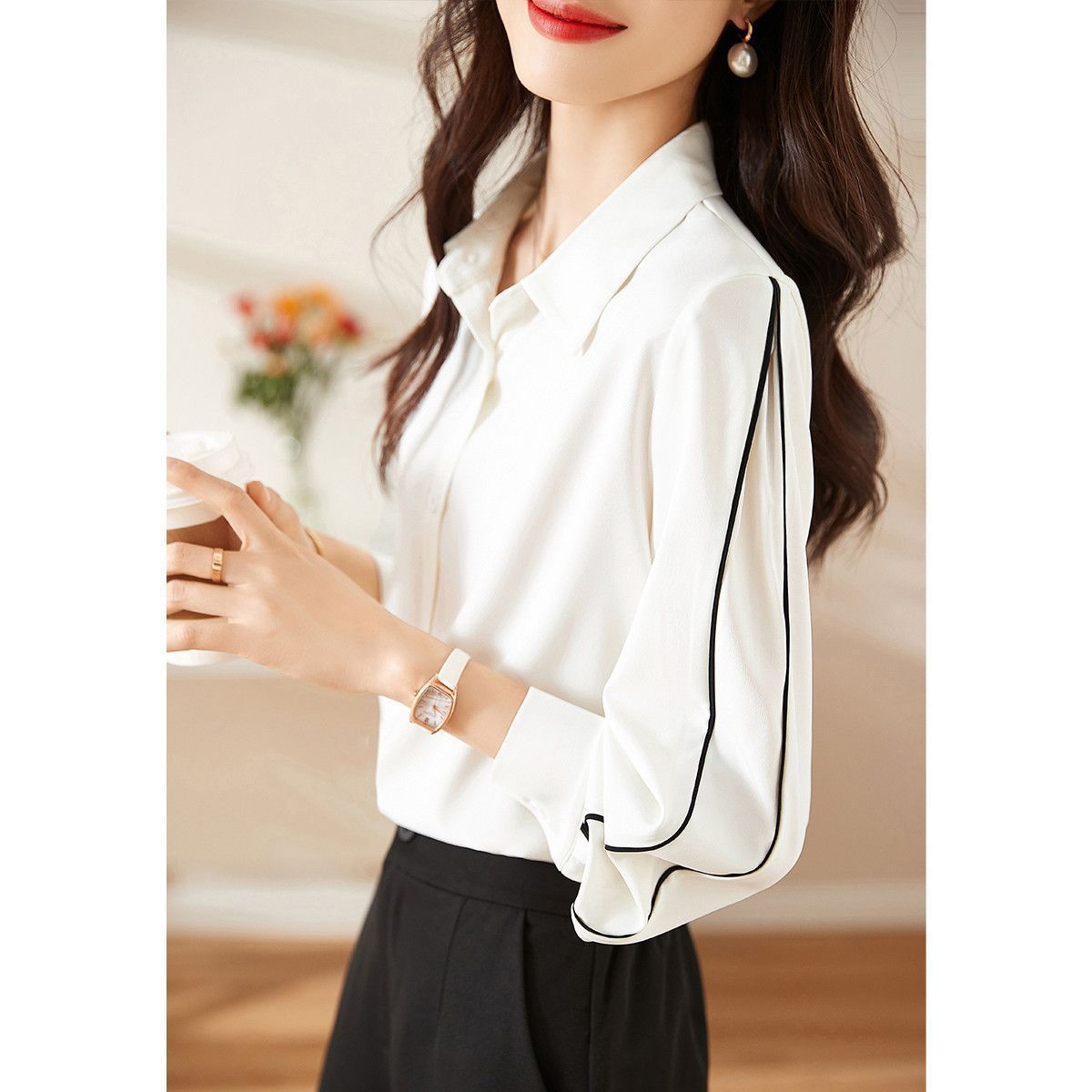 Damen Bluse Klassisch Knöpfe Elegantes Design Weiss