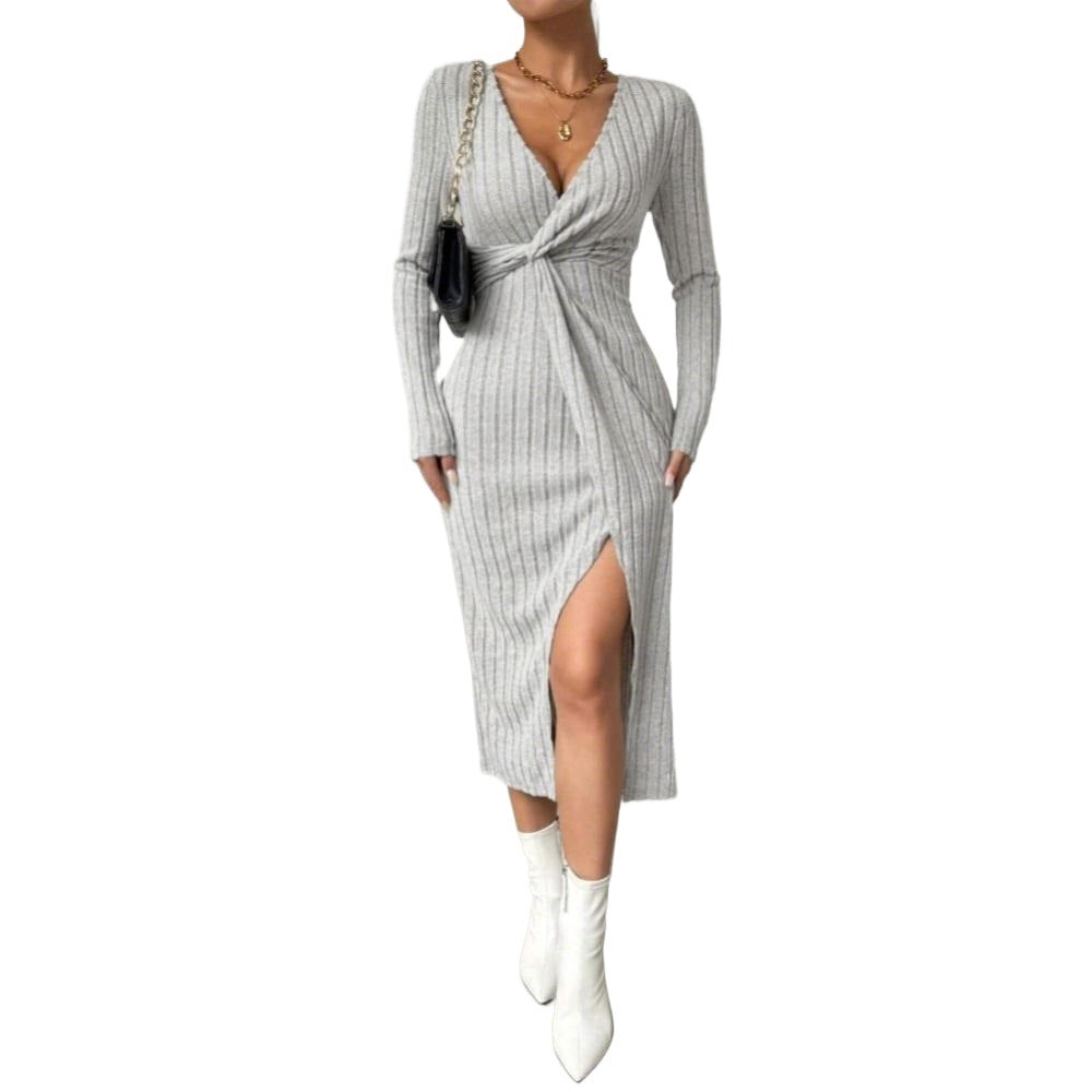Damen Midi-Kleid Figurbetont Twist-Detail Seitenschlitz Eveloria