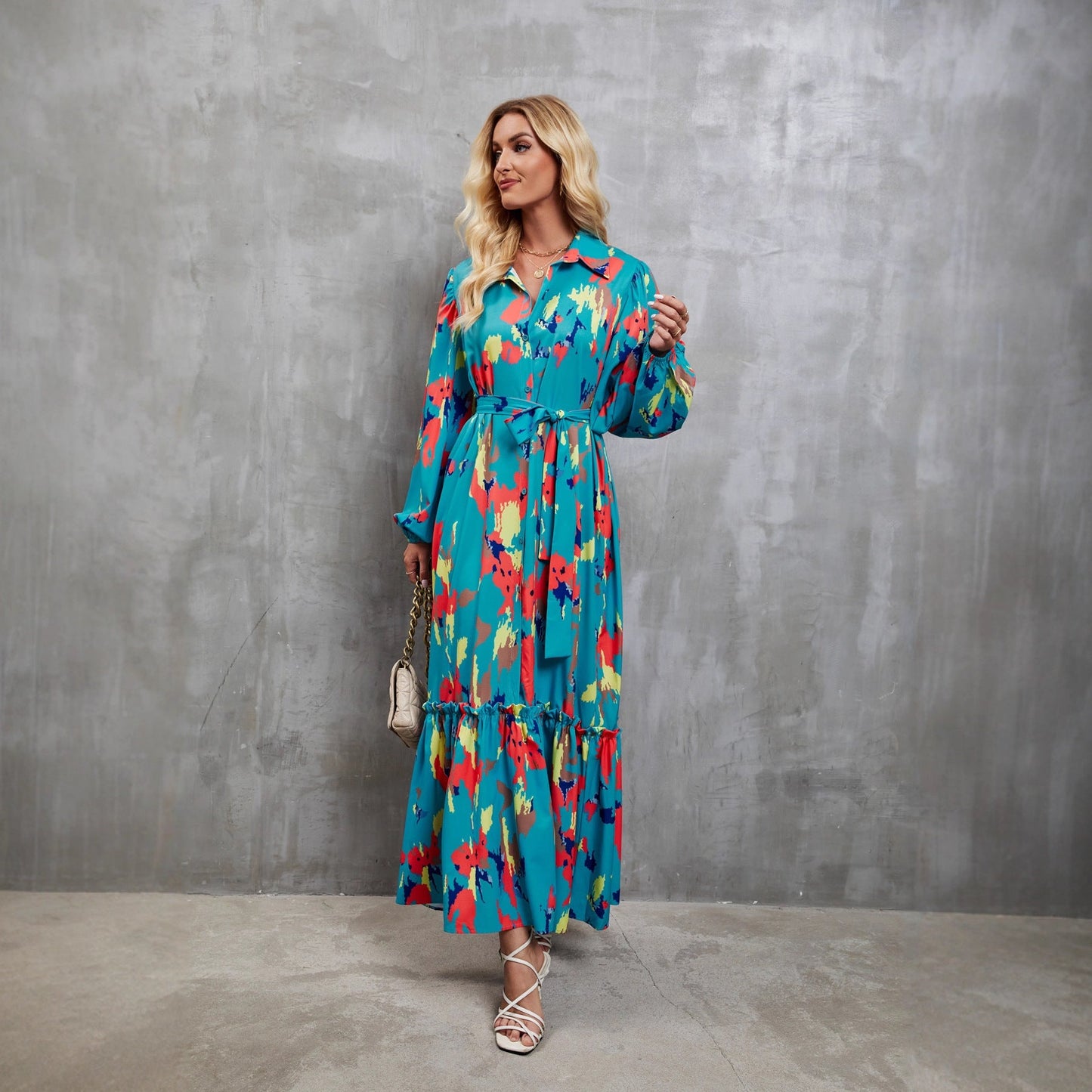 Damen Maxi-Kleid Langarm Floralmuster Eveloria
