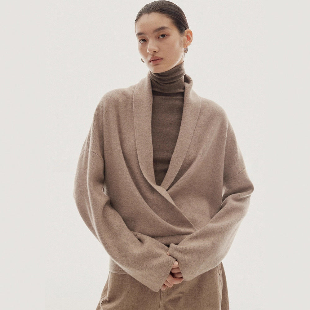 Damen Wickelpullover aus Wolle Weich Elegantes Design Beige - Eveloria