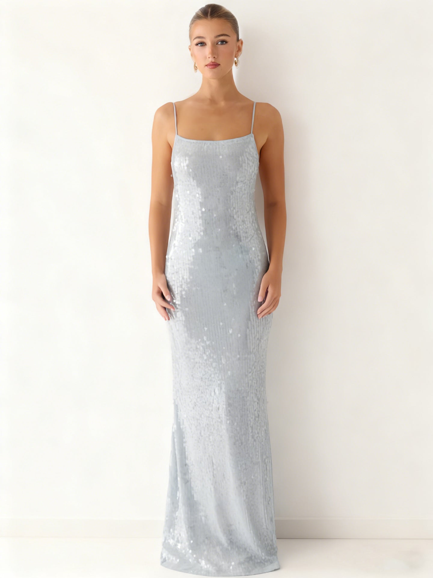 Damen Maxikleid Pailletten schmal Schnitt Spaghettiträger